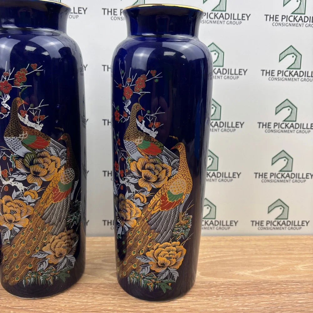 Vintage Kutani Imperial Japanese Cobalt Blue Gold Peacock Pheasant Vase Set 3pc